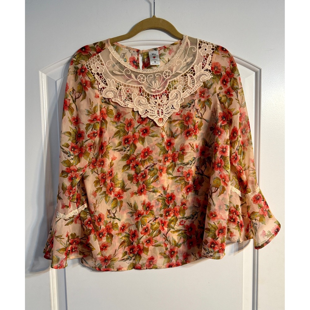 Disney LC Lauren Conrad Blouse Medium Pink Floral Snow White Lace Fairycore Boho